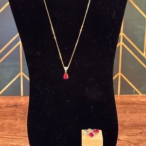 Silver Crystal Heart & Simulated Ruby Necklace & Earrings Set